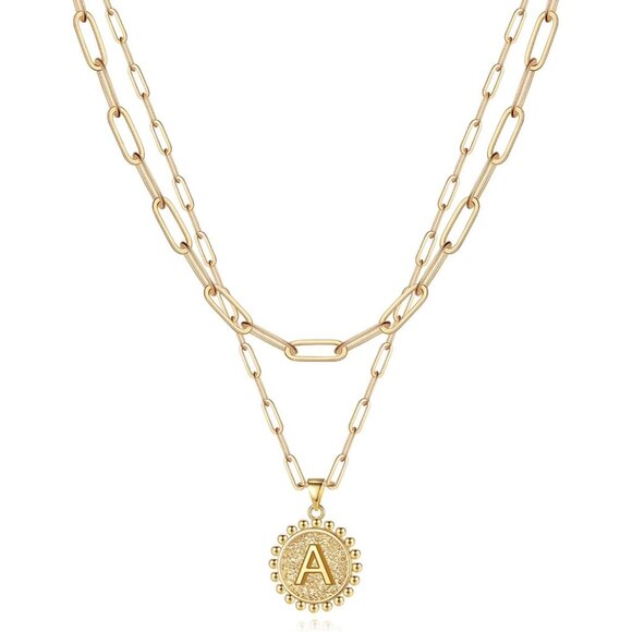 14K Gold Plated Initial Necklace - Dainty Layered Paperclip Chain Jewelry - Picture 1 of 7